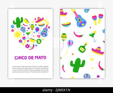 Modelli di carte con le icone colorate del Cinco de mayo. Maschera di ritaglio utilizzata. Illustrazione Vettoriale