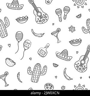 Motivo senza cuciture in bianco e nero con le icone del Cinco de mayo con contorni a forma di doodle. Illustrazione Vettoriale
