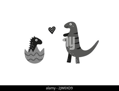 Delizioso dinosauro mamma e bambino covato. Doodle illustrazione in stile scandinavo. Illustrazione Vettoriale