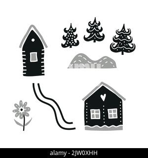 Poster scandinavo con case nere, abeti, fiori, sentieri e colline isolate su sfondo bianco. Illustrazione Vettoriale