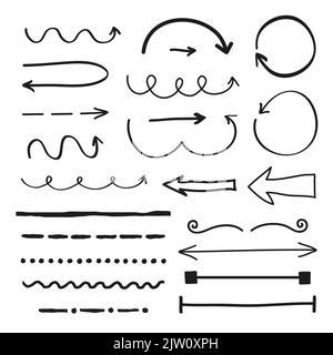 Set di marcatori disegnati a mano, frecce e divisori isolati su sfondo bianco. Illustrazione Vettoriale