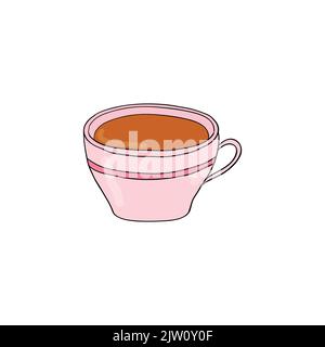 Tè colorato disegnato a mano in tazza rosa isolato su sfondo bianco. Illustrazione Vettoriale
