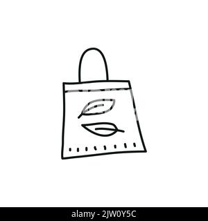 Doodle contorno borsa shopping di carta isolato su sfondo bianco. Illustrazione Vettoriale