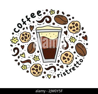 Poster con carino doodle ristetto caffè drink e fagioli, biscotti, spezie, puntini intorno. Illustrazione Vettoriale