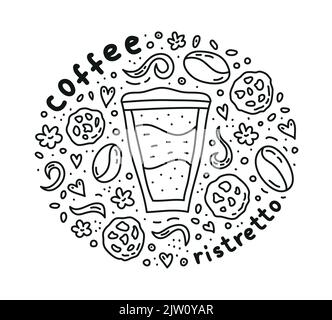Poster con carino doodle ristetto caffè drink e fagioli, biscotti, spezie, puntini intorno. Illustrazione Vettoriale