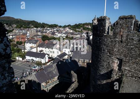 Una vista della città medievale fortificata di Conwy, Galles del Nord visto da una torretta del castello di Conwy guardando verso nord in una mattinata estiva Foto Stock