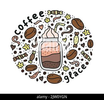 Poster con carino doodle glace caffè drink e fagioli, caramelle, spezie, puntini intorno. Illustrazione Vettoriale