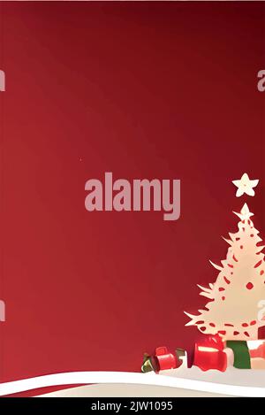 Un'icona dell'albero di Natale con una stella sulla parte superiore e regali vicino sullo sfondo rosso Illustrazione Vettoriale