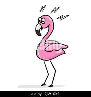 Cartone animato scioccato fenicottero fenicottero. Carino fenicottero rosa. Adesivo per cartoni animati, contorno spesso. Adesivi Emotion. Sorpresa, orrore Illustrazione Vettoriale