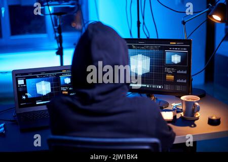 programmatore che lavora con la grafica 3d sul computer Foto Stock