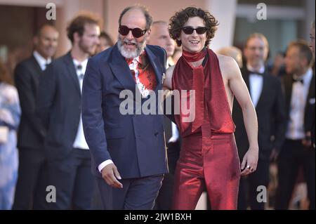 Venezia, Italia. 02nd Set, 2022. Luca Guadagnino e Timothee Chalamet partecipano al "Bones and all" red carpet al 79th° Festival Internazionale del Cinema di Venezia il 02 settembre 2022 a Venezia. Foto di Rocco Spaziani/UPI Credit: UPI/Alamy Live News Foto Stock