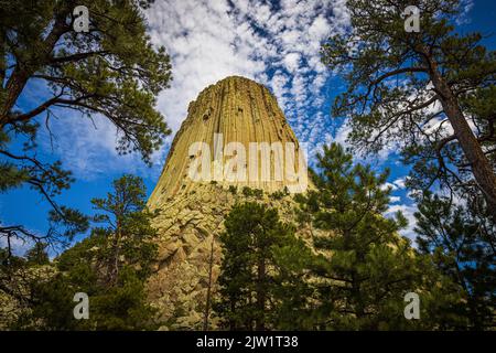 Devils Tower nel Wyoming è stato il primo monumento nazionale degli Stati Uniti, istituito il 24 settembre 1906 dal presidente Theodore Roosevelt. Foto Stock