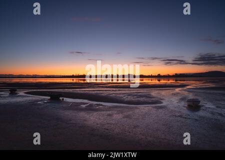 Alba sulla bassa marea sul porto di Tauranga, Nuova Zelanda. Foto Stock