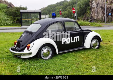 Pattuglia in bianco e nero con scritta Politi, VW Beetle, auto classica dal 1965 con luce blu, in piedi in un prato, Bodo, Bodo Foto Stock