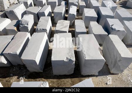 Documentazione fotografica aerea di un deposito di blocchi di marmo a Carrara Italia Foto Stock