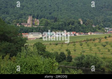 Vista di Neckarsteinach con il castello centrale e il castello anteriore, città quattro castelli, Odenwald, Neckar, Neckar Valley, Baden-Wuerttemberg, Germania Foto Stock