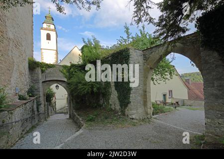 Giardino del castello con arco come fortificazione storica della città con la torre della chiesa collegiata a Horb am Neckar, Neckar Valley, Nord Nero Foto Stock