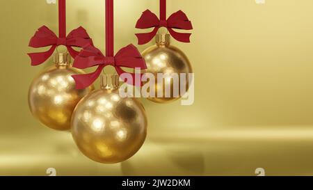 Felice cartolina di Capodanno con palle di natale d'oro, spazio per il testo, rendering 3D Foto Stock