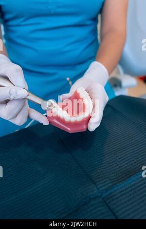 Vista dall'alto di un dentista femminile anonimo che utilizza un trapano dentale mentre si pratica il trattamento su una dentiera durante il lavoro in clinica moderna Foto Stock