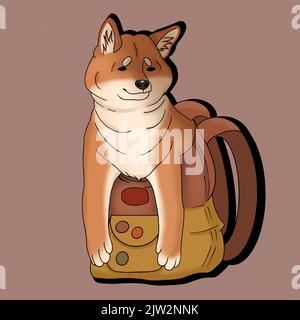 Cartone animato simpatico shiba inu seduto in valigetta illustrazione Illustrazione Vettoriale