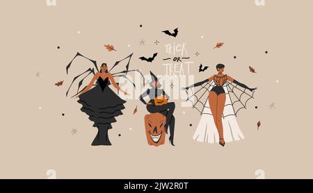 Mano disegnata astratta vettore grafica clipart illustrazioni, Halloween festa costume adulto persone personaggi collezione set.Creepy Halloween Illustrazione Vettoriale