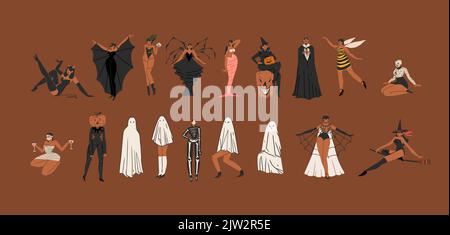Mano disegnata astratta vettore grafica clipart illustrazioni, Halloween festa costume adulto persone personaggi collezione set.Creepy Halloween Illustrazione Vettoriale