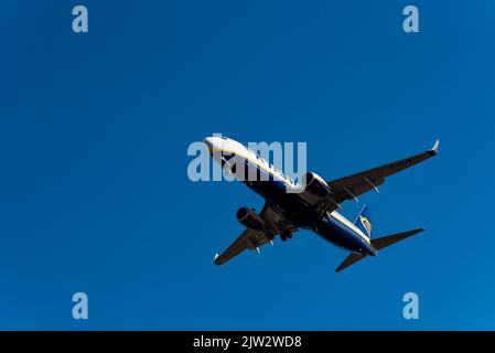 L'aereo Ryanair Boeing 737 si avvicina nella manovra di atterraggio all'aeroporto di Alicante/Elche (El Altet) Costa Blanca, Spagna, Europa Foto Stock