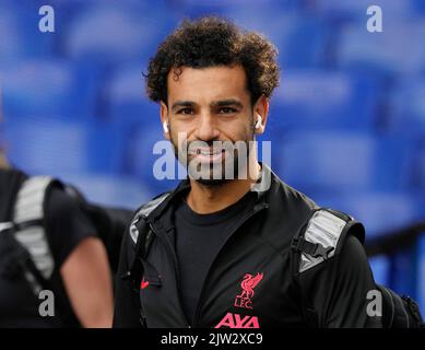 Liverpool, Regno Unito. 3rd settembre 2022. Mohamed Salah di Liverpool che arriva a terra prima della partita della Premier League al Goodison Park, Liverpool. Il credito per le immagini dovrebbe essere: Andrew Yates / Sportimage Credit: Sportimage/Alamy Live News Foto Stock