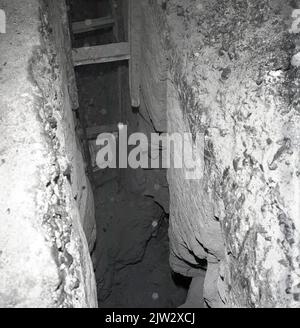 1960s, storico albero di miniera in disuso, che mostra una scala in legno fino al tunnel stretto, nel vecchio villaggio minerario del carbone di Townshill, Fife, Scozia, Regno Unito. Foto Stock