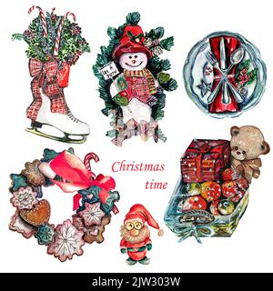 Watercolor Natale set di Chrictmas decorations.Gnome.Christmas corone in forma di uno skate, snowmen e pani di zenzero.Christmas cestino con teddy Foto Stock