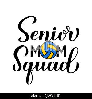 Scritta a mano della squadra di mamma senior. Calligrafia di citazione di pallavolo. Modello vettoriale per poster tipografici, banner, adesivi, t-shirt, ecc. Illustrazione Vettoriale