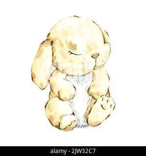 Acquerello coniglietto addormentato carino. Illustrazione del coniglietto di Natale disegnata a mano. Foto Stock