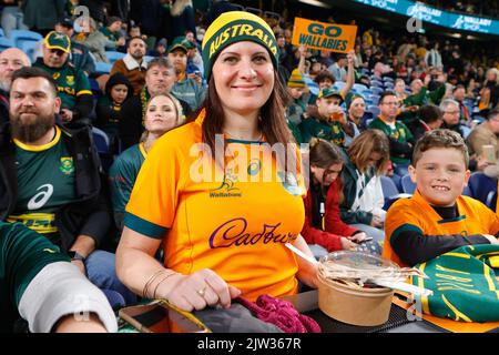 Sydney, Australia. 03rd Set, 2022. Tifosi di rugby durante la partita del Campionato di rugby eToro tra Australia e Sud Africa allo stadio Allianz di Sydney, Australia, il 3 settembre 2022. Foto di Peter Dovgan. Solo per uso editoriale, licenza richiesta per uso commerciale. Non è utilizzabile nelle scommesse, nei giochi o nelle pubblicazioni di un singolo club/campionato/giocatore. Credit: UK Sports Pics Ltd/Alamy Live News Foto Stock