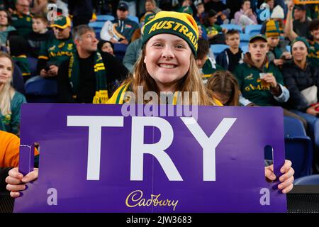 Sydney, Australia. 03rd Set, 2022. Tifosi di rugby durante la partita del Campionato di rugby eToro tra Australia e Sud Africa allo stadio Allianz di Sydney, Australia, il 3 settembre 2022. Foto di Peter Dovgan. Solo per uso editoriale, licenza richiesta per uso commerciale. Non è utilizzabile nelle scommesse, nei giochi o nelle pubblicazioni di un singolo club/campionato/giocatore. Credit: UK Sports Pics Ltd/Alamy Live News Foto Stock