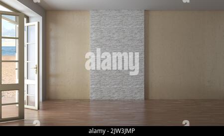 Interno vuoto dell'hotel con vista mare. Camera con porte aperte che si affaccia sulla spiaggia, sabbia gialla e nuvole. Parquet scuro, parete in stucco beige con muratura in mattoni al centro. rendering 3D, 7680x4320, 300 dpi Foto Stock