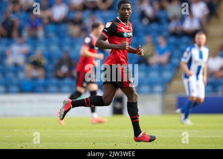 Mouhamed Niang di Hartlepool si è Unito nel secondo tempo durante la partita della Sky Bet League 2 tra Colchester United e Hartlepool United al Weston Homes Community Stadium di Colchester sabato 3rd settembre 2022. (Credit: Tom West | MI News) Credit: MI News & Sport /Alamy Live News Foto Stock