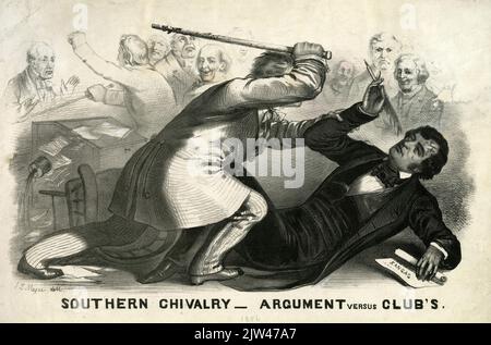 La violenza partigiana sulla questione della schiavitù si è diffusa nel Congresso nel maggio 1856, quando il senatore del suolo libero Charles Sumner è stato assalito con una canna da passeggio dal Rep. Democratico Preston Brooks nella camera del Senato. Foto Stock