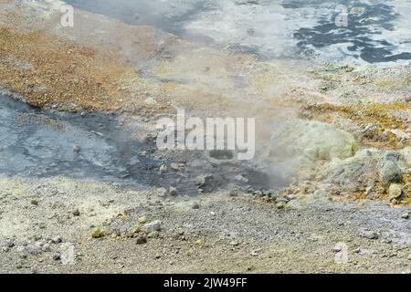 Scarico idrotermale sulla riva del lago caldo nella caldera del vulcano Golovnin sull'isola di Kunashir Foto Stock