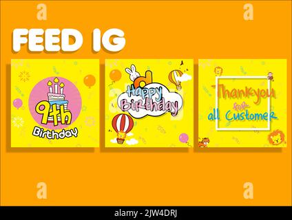 Il set di graziosi biglietti d'auguri di compleanno con adesivi cartoni isolati su sfondo arancione Illustrazione Vettoriale