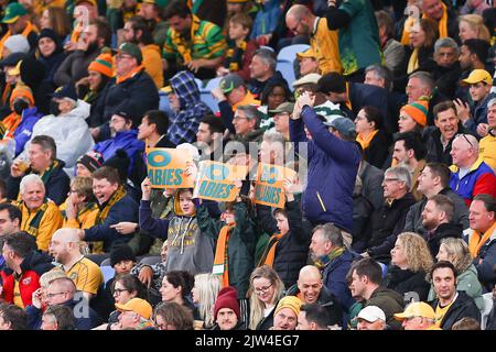 3rd settembre 2022; Allianz Stadium, Sydney, nuovo Galles del Sud, Australia; 2022 Campionato di rugby Etoro, Australia contro Sud Africa: I tifosi australiani fanno il tifo per il loro paese Foto Stock