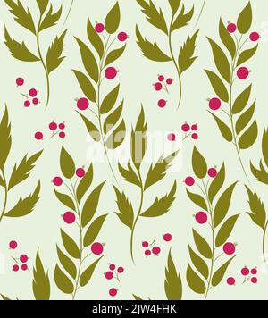 Modello senza cuciture con frutti di bosco rossi autunnali e foglie verdi. Autunno sfondo floreale colorato. Elegante motivo floreale senza cuciture Illustrazione Vettoriale