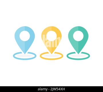 Set di punti di posizionamento, marcatore mappa, simbolo di destinazione, puntatore, logo del segno di posizione. Design vettoriale per la raccolta dei simboli di posizione GPS, stile piatto. Illustrazione Vettoriale