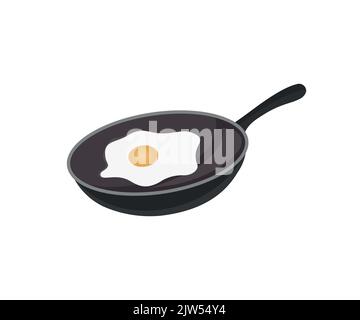 Uova fritte con logo in padella nera. Colazione continentale. Vista dall'alto dell'uovo fritto. Cucina cibo poster scheda menu modello disegno vettoriale. Illustrazione Vettoriale