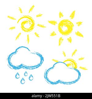 Set di icone meteo stilizzate in gesso isolate in bianco. Gesso disegnato sole e nuvole. Illustrazione vettoriale. Illustrazione Vettoriale