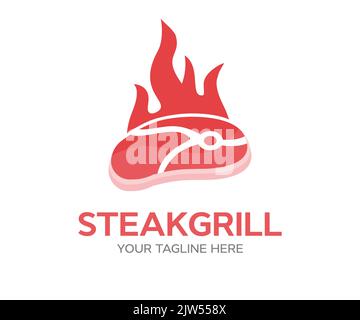 Bistecca alla griglia con fiamme, logo BBQ. Barbecue ristorante Set - icona logo di barbecue, Grill e Bar con fuoco. Logo barbecue e grill. Illustrazione Vettoriale