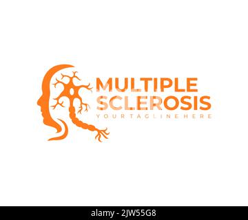 Sclerosi multipla, malattia autoimmune e volto umano, logo design. Malattia, medicina, neurone e i nervi del cervello e del midollo spinale, vettore Illustrazione Vettoriale