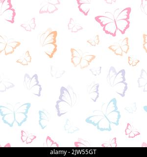 Farfalla vettoriale sfondo di disegno senza cuciture ripetizione pattern. Colorata silhouette a farfalla, simpatico motivo girly pastello. Illustrazione Vettoriale