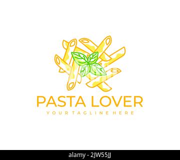 Pasta, maccheroni, spaghetti e ristorante italiano, logo design. Cibo, pasto, fast food, catering e mensa, disegno vettoriale e illustrazione Illustrazione Vettoriale