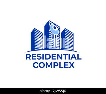 Complesso residenziale, grattacielo, immobiliare e chiave, logo design. Costruzione, costruzione, proprietà e ipoteca, disegno vettoriale e illustrazione Illustrazione Vettoriale
