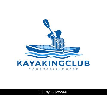 Kayak sul fiume, un ragazzo in un kayak vele sul fiume, logo design. Kayak da diporto, viaggio, viaggio e viaggio, disegno vettoriale e illustrazione Illustrazione Vettoriale